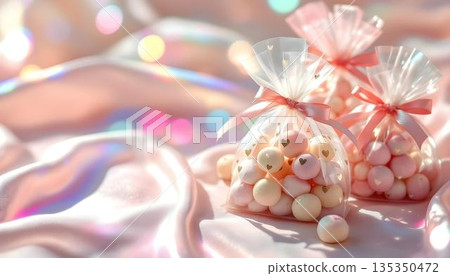 Delicate and beautifully arranged Candy Bags on a Soft and inviting Fabric Background Delicate and beautifully arranged Candy Bags on a Soft and inviting Fabric Background 135350472