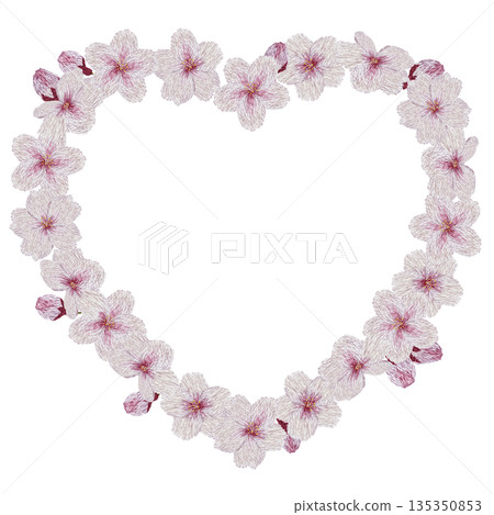 [Cherry Blossom Heart Frame] Hand-embroidered illustration material 135350853