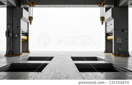 Silent automotive stamping, press pits in floor, shot from die storage area, overhead crane systems idle, metal forming architecture without 135350874