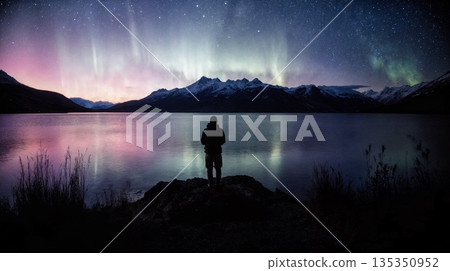 冰島山地極光與湖泊景觀素材 135350952