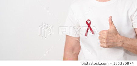 Elderly with Burgundy Ribbon for March Multiple Myeloma Cancer Awareness month, September Sickle Cell Anemia, Headache and Migraine week, April world Meningitis day, October Hospice Palliative care Elderly with Burgundy Ribbon for March Multiple Myeloma Cancer Awareness month, September Sickle Cell Anemia, Headache and Migraine week, April world Meningitis day, October Hospice Palliative care 135350974