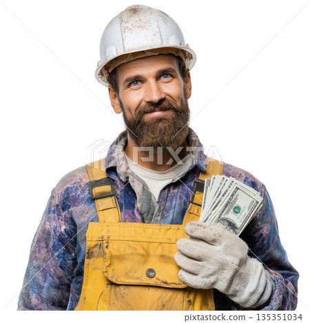 Construction worker, hard hat, safety glove, beard, money, cash, savings construction worker with money reward looking Construction worker, hard hat, safety glove, beard, money, cash, savings construction worker with money reward looking 135351034