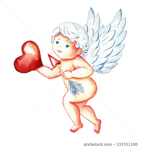 A sweet, charming Cupid with an arrow and a heart. The baby is a Cupid, an angel. A hand-drawn watercolor illustration. A design element for Valentine's Day and wedding. For postcards, printing. A sweet, charming Cupid with an arrow and a heart. The baby is a Cupid, an angel. A hand-drawn watercolor illustration. A design element for Valentine's Day and wedding. For postcards, printing. 135351100