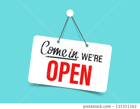 Open sign icon in flat style. Signboard vector illustration on isolated background. Welcome banner sign business concept. Open sign icon in flat style. Signboard vector illustration on isolated background. Welcome banner sign business concept. 135351162