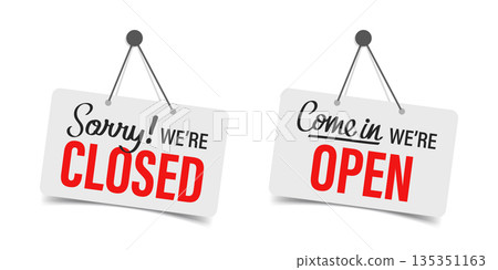 Open and closed sign icon in flat style. Signboard vector illustration on isolated background. Welcome banner sign business concept. Open and closed sign icon in flat style. Signboard vector illustration on isolated background. Welcome banner sign business concept. 135351163
