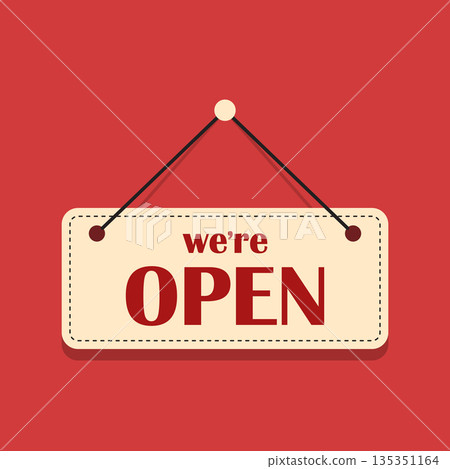 Open sign icon in flat style. Signboard vector illustration on isolated background. Welcome banner sign business concept. Open sign icon in flat style. Signboard vector illustration on isolated background. Welcome banner sign business concept. 135351164