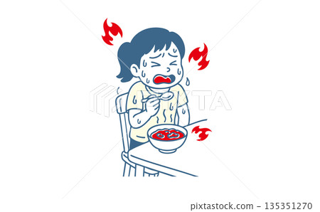 插圖描繪了一名女子在食用極辣食物後，汗流浹背、痛苦地扭動身體的情景。辛辣食物。 135351270