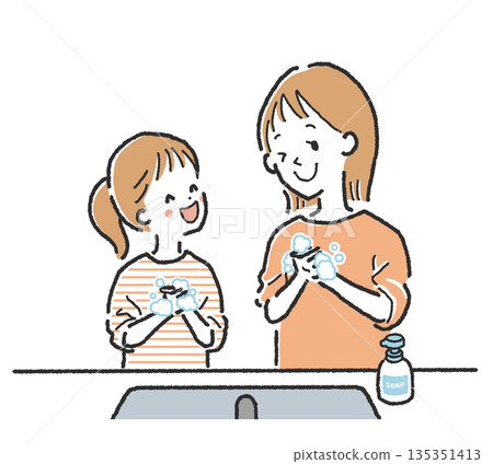 插圖：一位年輕的母親和女兒面帶微笑地並肩洗手。 135351413