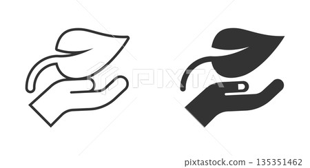 Hand with plant icon in flat style. Flower sprout vector illustration on white isolated background. Environmental protection sign business concept. Hand with plant icon in flat style. Flower sprout vector illustration on white isolated background. Environmental protection sign business concept. 135351462