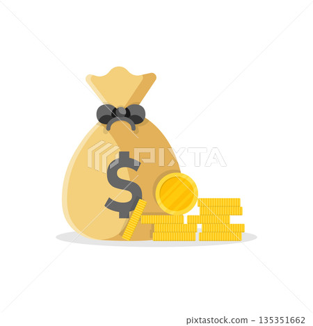 Money bag icon in flat style. Moneybag vector illustration on isolated background. Coin sack sign business concept. 135351662
