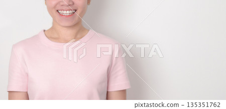 Adult woman with pink Shirt for Pink October Breast Cancer Awareness month, May Women Health, women rights, Empowerment, March International Women day, February Valentine, May International Mother 135351762