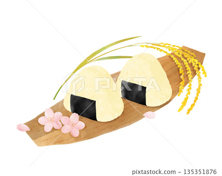 Set of cherry blossoms, bamboo skin rice balls, pickled radish, and rice ears, watercolor illustration, cherry blossom viewing, spring outing Set of cherry blossoms, bamboo skin rice balls, pickled radish, and rice ears, watercolor illustration, cherry blossom viewing, spring outing 135351876