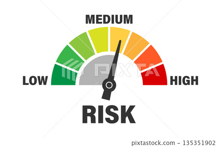 Risk meter icon in flat style. Rating indicator vector illustration on white isolated background. Fuel level sign business concept. Risk meter icon in flat style. Rating indicator vector illustration on white isolated background. Fuel level sign business concept. 135351902