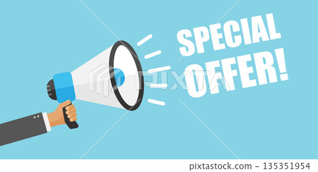 Hand holding megaphone icon in flat style. Promotion banner vector illustration on isolated background. Special offer sign business concept. 135351954