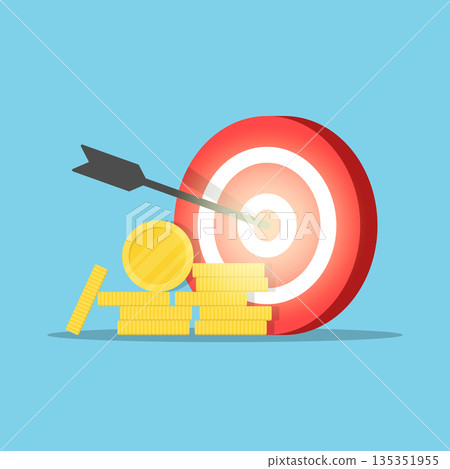 Darts target with coins icon in flat style. Budget deposit vector illustration on isolated background. Strategy achievement sign business concept. Darts target with coins icon in flat style. Budget deposit vector illustration on isolated background. Strategy achievement sign business concept. 135351955