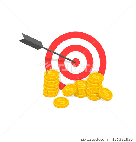 Darts target with coins icon in flat style. Budget deposit vector illustration on isolated background. Strategy achievement sign business concept. Darts target with coins icon in flat style. Budget deposit vector illustration on isolated background. Strategy achievement sign business concept. 135351956