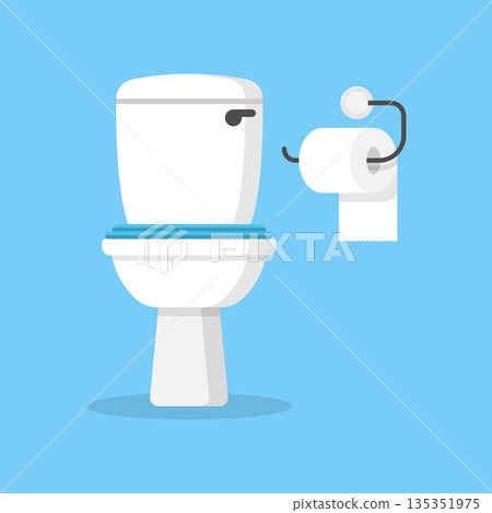 Toilet bowl icon in flat style. Toilet paper vector illustration on isolated background. WC restroom sign business concept. 135351975