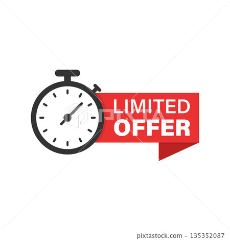 Limited offer label icon in flat style. Discount banner with clock vector illustration on isolated background. Sale sign business concept. 135352087