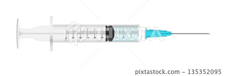 Realistic syringe icon in flat style. Coronavirus vaccine inject vector illustration on isolated background. Vaccination sign business concept. 135352095