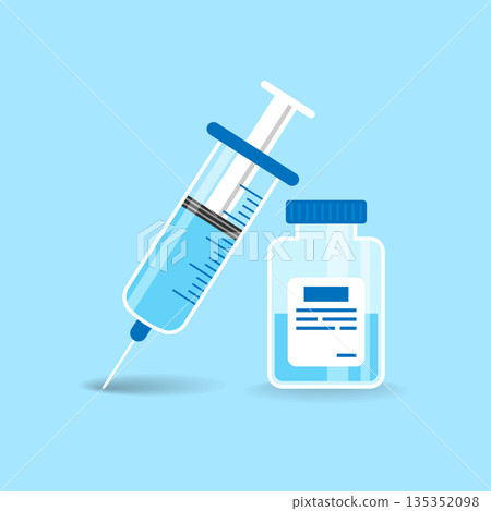 Syringe with bottle icon in flat style. Vaccine inject vector illustration on isolated background. Covid vaccination sign business concept. Syringe with bottle icon in flat style. Vaccine inject vector illustration on isolated background. Covid vaccination sign business concept. 135352098