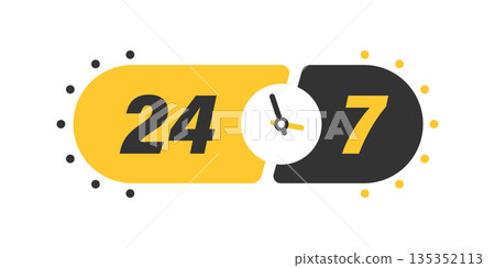 24 7 hours service icon in flat style. All day business and service vector illustration on isolated background. Quick service time sign business concept. 135352113