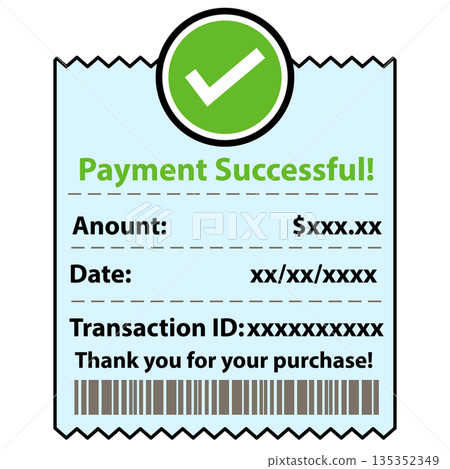 Payment successful receipt icon. Success approved payment check mark notification on paper receipt bill invoice. Confirmed payment sign. flat style. Payment successful receipt icon. Success approved payment check mark notification on paper receipt bill invoice. Confirmed payment sign. flat style. 135352349