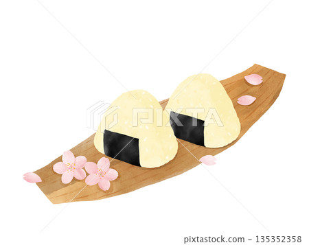 Set of cherry blossoms, bamboo skin rice balls, and rice ears, watercolor illustration, cherry blossom viewing, spring outing 135352358