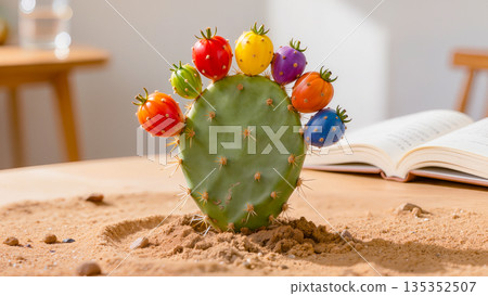 A surreal installation: a cactus in the sand, decorated with rainbow tomatoes (red, yellow, purple, blue). A cozy interior and a book are in the background. 135352507