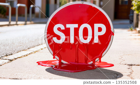 A surreal red STOP sign dripping onto the sidewalk like liquid. A metaphor for global warming or loss of control. 135352508