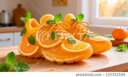 A surreal conceptual shoe crafted from fresh orange segments and adorned with mint leaves. It sits on a wooden surface in a bright kitchen. The idea is for a healthy lifestyle and freshness. A surreal conceptual shoe crafted from fresh orange segments and adorned with mint leaves. It sits on a wooden surface in a bright kitchen. The idea is for a healthy lifestyle and freshness. 135352509
