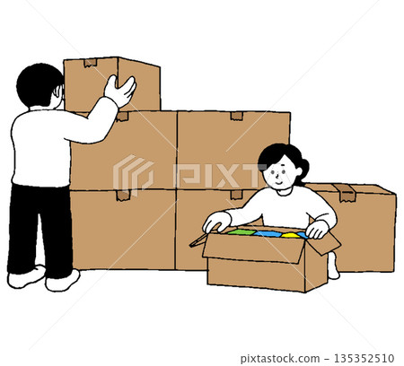 Men and women organizing cardboard boxes 135352510