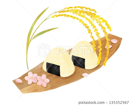 Set of cherry blossoms, bamboo skin rice balls, and rice ears, watercolor illustration, cherry blossom viewing, spring outing 135352567