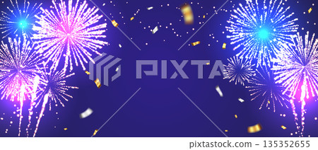 An illustration of sparkling fireworks and confetti on a blue and purple gradient background 135352655