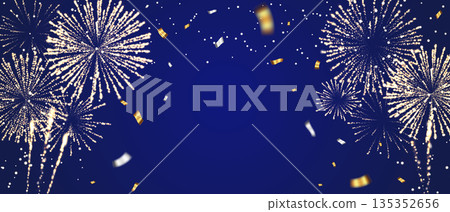 一幅金色煙火和五彩紙屑在藍色背景上綻放的插圖 135352656
