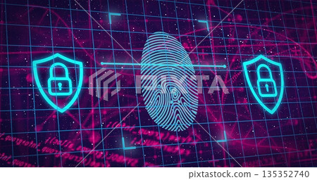 Displaying virtual security interface scanning fingerprint icon in neon grid with two shield icons Displaying virtual security interface scanning fingerprint icon in neon grid with two shield icons 135352740
