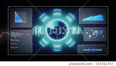 Displaying central circular hub pulsing blue-green light on grid interface, with data panels Displaying central circular hub pulsing blue-green light on grid interface, with data panels 135352747