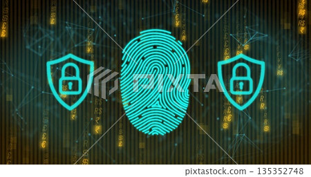 Displaying glowing cyan fingerprint at center in cyber network, shield padlocks and currency signs Displaying glowing cyan fingerprint at center in cyber network, shield padlocks and currency signs 135352748