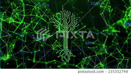 Pulsing neon-green circuit-tree glowing in digital grid, with node mesh network and numeric data Pulsing neon-green circuit-tree glowing in digital grid, with node mesh network and numeric data 135352749