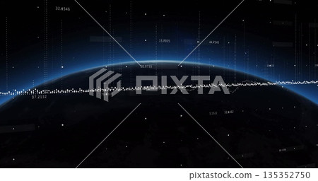 Displaying Earth horizon glowing blue in low orbit, with data points, dotted lines, numeric labels Displaying Earth horizon glowing blue in low orbit, with data points, dotted lines, numeric labels 135352750