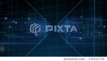 Displaying two symmetrical data clusters flowing in virtual network, with neon-blue circuit lines 135352756