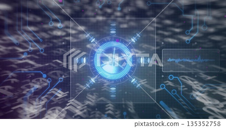 Floating circular interface showing overlay waveform, grid traces, symbols and arrows in circuitry 135352758