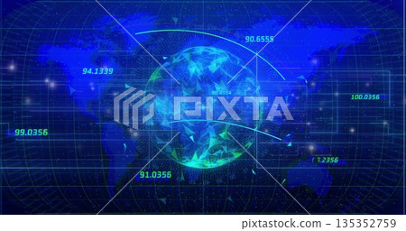 Central 3D globe glowing with triangular grid overlay in virtual interface, with curved data arcs Central 3D globe glowing with triangular grid overlay in virtual interface, with curved data arcs 135352759