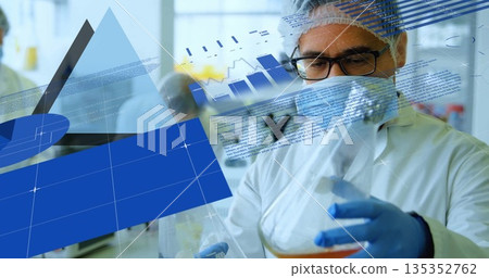 Technician in protective gear holding orange flask in lab with chart overlay, copy space 135352762