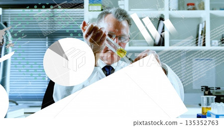 Dispensing yellow liquid from test tube with pipette scientist wearing labcoat at lab data overlays 135352763