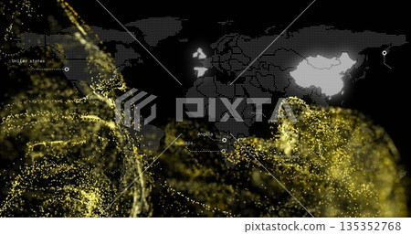 Displaying dotted world map showing data flows on screen, with country markers and golden streams Displaying dotted world map showing data flows on screen, with country markers and golden streams 135352768