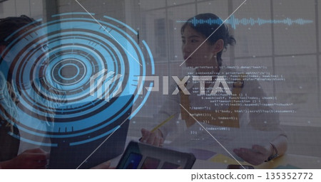 Collaborating colleagues reviewing code on glass partition at office, tablet docs, copy space Collaborating colleagues reviewing code on glass partition at office, tablet docs, copy space 135352772