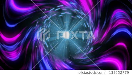Abstract digital vortex swirling in dark void, with glowing orb, neon ribbons and dotted patterns Abstract digital vortex swirling in dark void, with glowing orb, neon ribbons and dotted patterns 135352779