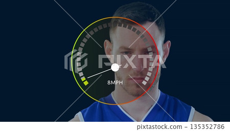 Standing male athlete wearing blue sleeveless basketball jersey in studio, with gauge showing 8MPH 135352786
