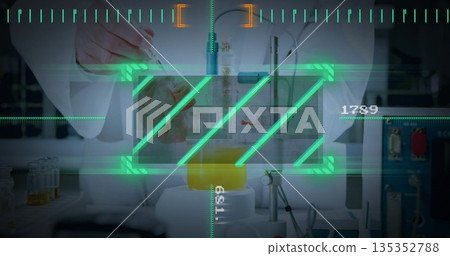 Pipetting scientist wearing white coat moving yellow fluid into beaker at lab bench with AR overlay 135352788