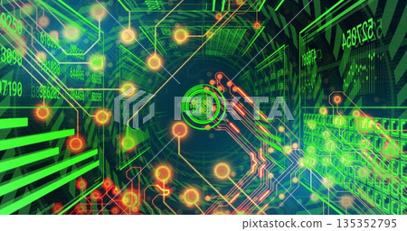 Emitting neon green code, data hub glowing inside virtual numeric panel tunnel, with orange nodes 135352795